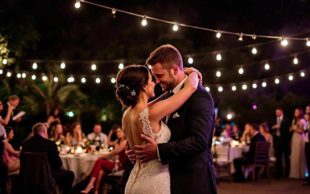 couple dancing at wedding, discussing prenups